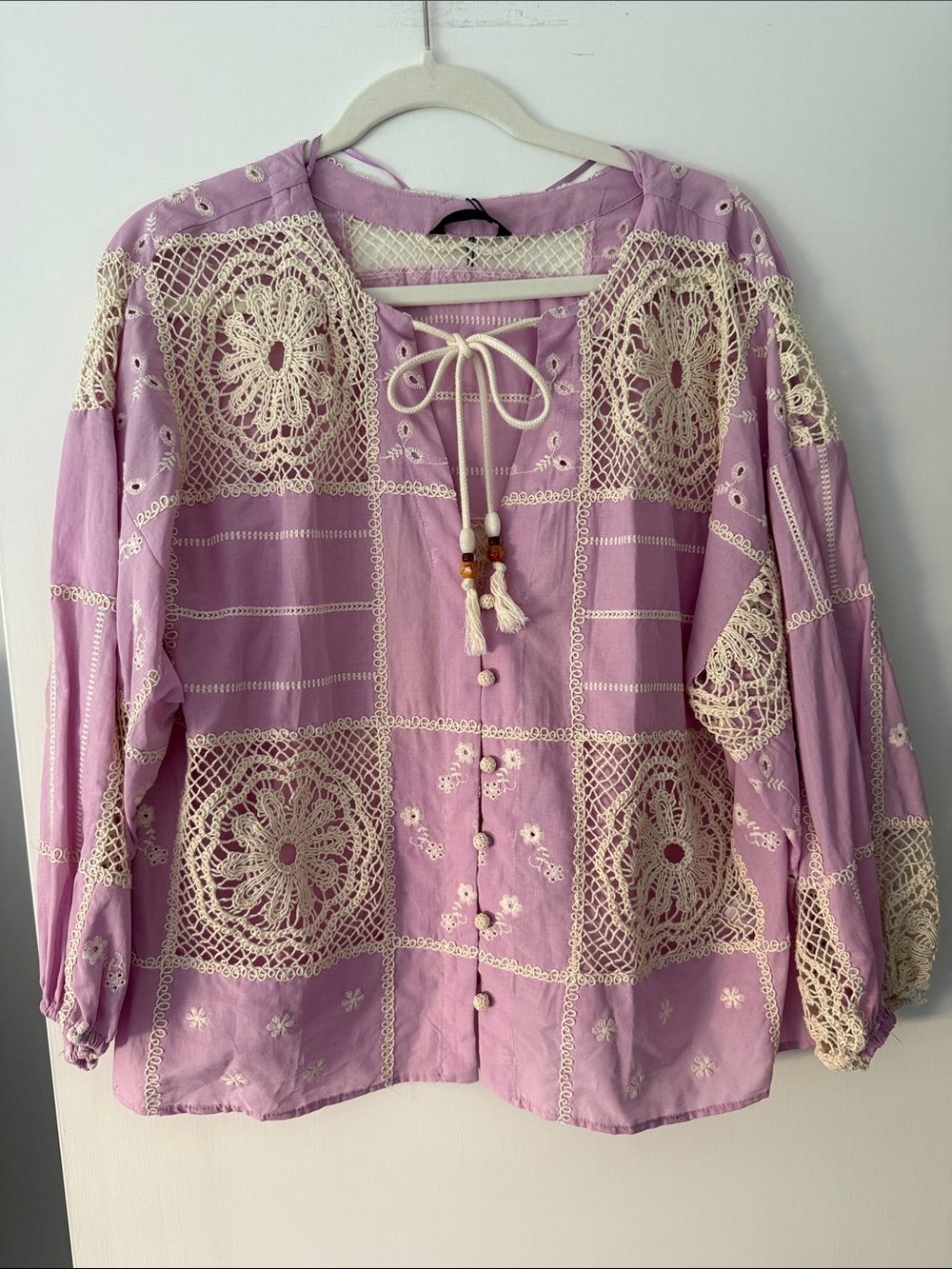 Zara lavender crochet and embroidered long sleeve top NWT